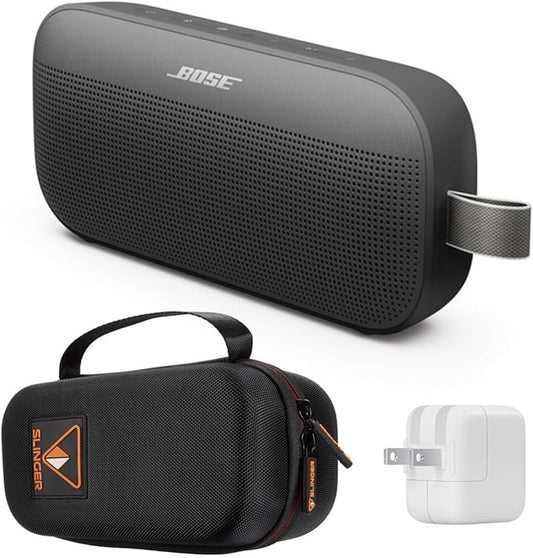 Bose SoundLink Flex Portable Bluetooth Speaker (2nd Gen), Outdoor Speaker with Hi-Fi Audio, Up to 12 Hours Battery, Waterproof and Dustproof, + Slinger Hard Travel Case & USB Plug (Black)