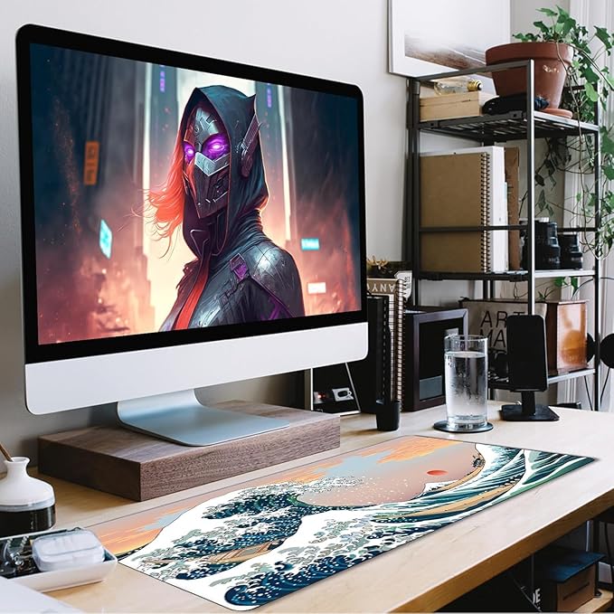 Japanese Large Mouse Pad,Desk Mat Office Desk Pad, Extended Large Mouse Mat for PC, Stitched Edges Gamer Mousepad 35.4 X 15.7 Inch Long Mice Pad, Sunset Sea