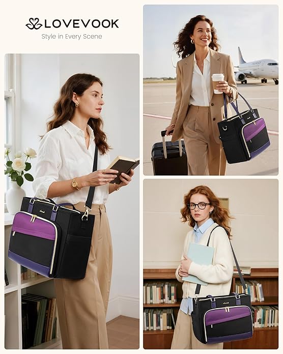 LOVEVOOK Teacher Tote Bag, Laptop Bag for Women with Large Cup Holder & Accordion File Area, Work Tote Bag for Business