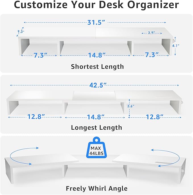 La Jaco Dual Monitor Stand Riser for 2 Monitors, Monitor Stand for Desk, Adjustable Length & Swivel Angle Wooden Desktop Organizer Stand Riser with Smartphone Holder for PC Monitor Laptop, White