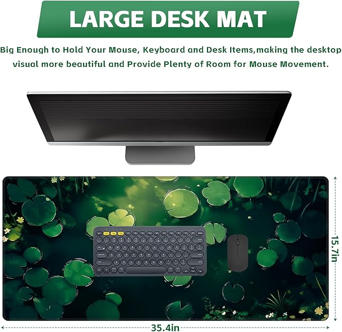 Baziabbo Green Desk Mat,XXL Extended Big Mouse Pad,Gaming Mousepad with Stitched Edge,Non-Slip Rubber Base Keyboard Desk Pad for Home Office Study Game