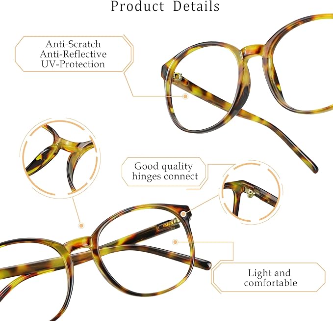 LifeArt Round Blue Light Blocking Glasses, Computer Glasses, Gaming Glasses, TV Glasses for Women Men (Brown Tortoise, 5.25 Magnification)