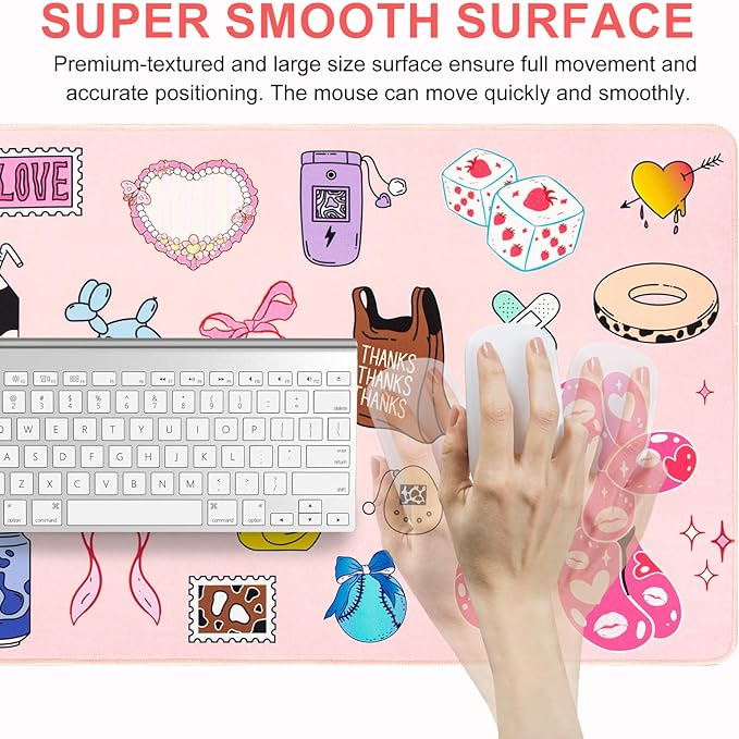 L-SPOUTTO Cute Desk Mat for Keyboard and Mouse,XXL Large Mouse Pad Non-Slip Keyboard Pad Waterproof Desktop Mat for Laptop Computer Work Game Home Office-Cartoon Pink