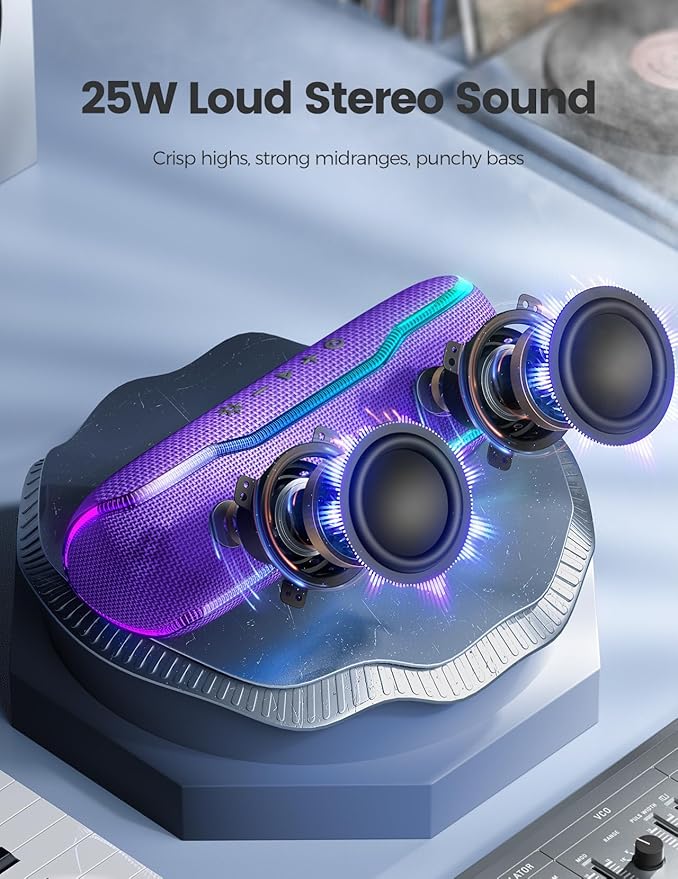 ERKEI SEHN Bluetooth Speaker, IPX7 Waterproof Wireless Speakers, Flashing Light, 25W Super Bass, 24H Playtime, Birthday Valentines Gifts for Him/Men, TWS Pairing, Beach Vacation Essentials, Purple