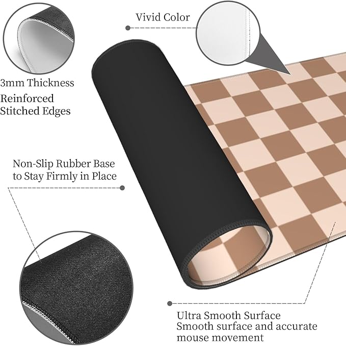Checkered Brown Gaming Mouse Pad Desk Mat for Home and Office, Large Mousepad Extended Keyboard Pad Stitched Edge Accessories Decor