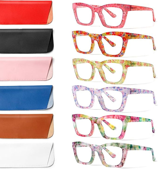 6 Pack Reading Glasses for Women Blue Light Blocking Computer Square Readers with Spring Hinge (Mix Color-6, 3.5, x)