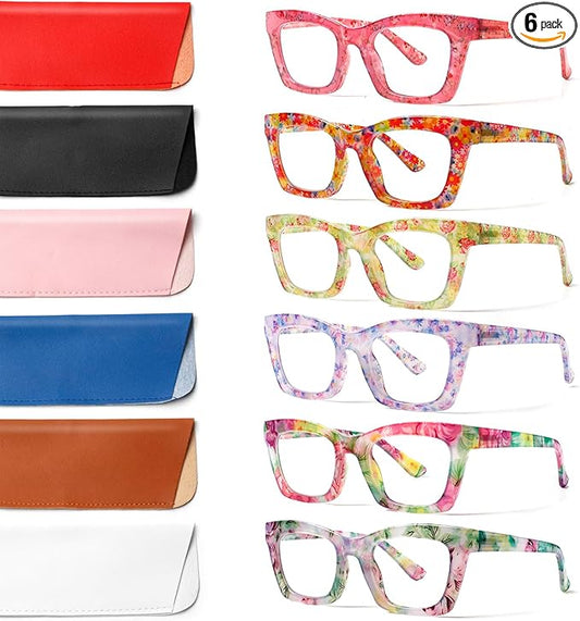 6 Pack Oprah Style Reading Glasses for Women Blue Light Blocking Computer Square Readers with Spring Hinge (Mix Color-6, 2.25, x)