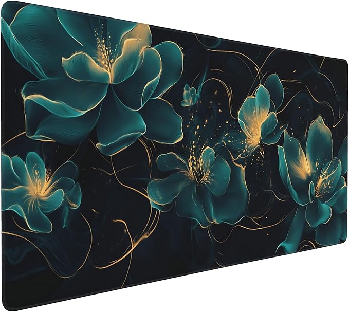 Floral Aesthetic Lotus Large Mouse Pad, Deep Blue Modern Desk Mat with Anti-Slip Base & Stitched Edges,35.4" x 15.7" in Desk Accessories for Women, Home Office Decor & Artistic Gift