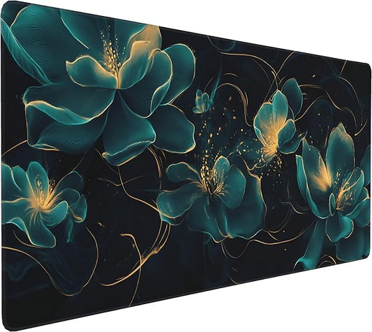 Floral Aesthetic Lotus Large Mouse Pad, Deep Blue Modern Desk Mat with Anti-Slip Base & Stitched Edges,35.4" x 15.7" in Desk Accessories for Women, Home Office Decor & Artistic Gift