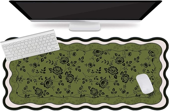 L-SPOUTTO Green Floral Mouse Pad,Aesthetic Desk Mat XXL Large Scalloped Gaming Mousepad,35.4x15.7in Non-Slip Keyboard Pad Waterproof Desktop Mat for Laptop Computer Work Game Office-Vintage Roses