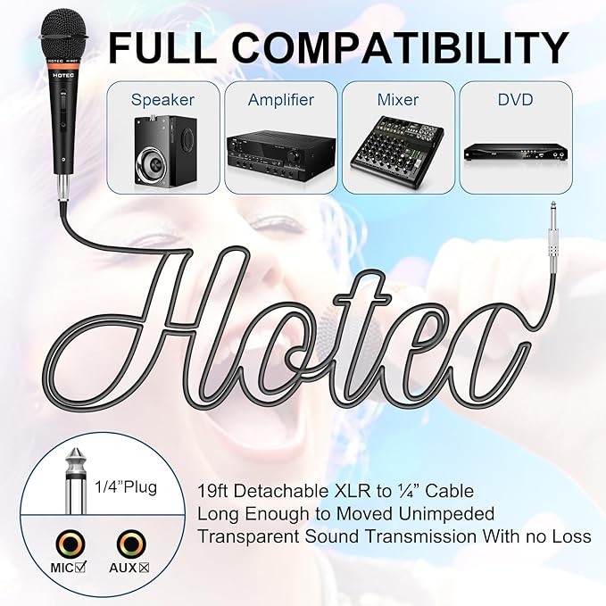 HOTEC Premium Wired Vocal Dynamic Handheld Microphones - Includes 19ft Detachable XLR Cable and ON/Off Switch - 2 Pack, Metal Black