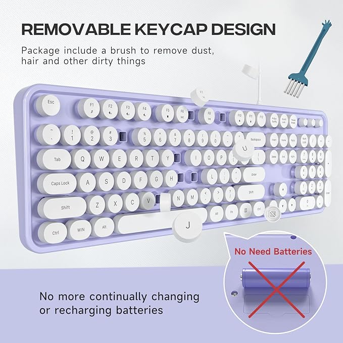 Wired Keyboard, Full-Sized Typewriter Keyboards, USB Plug and Play Office Keyboard with Number Pad, Caps Indicators, Foldable Stands for Windows, PC, Laptop, Desktop (Purple-White)