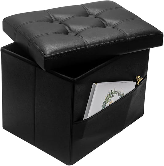 Bsketa Storage Ottoman Foot Rest Stool, Small Leather Storage Ottomans Bench, Folding Footstool with Side Pockets, Foot Rest Under Desk for Living Room Bedroom, 17x13x13 in, Black