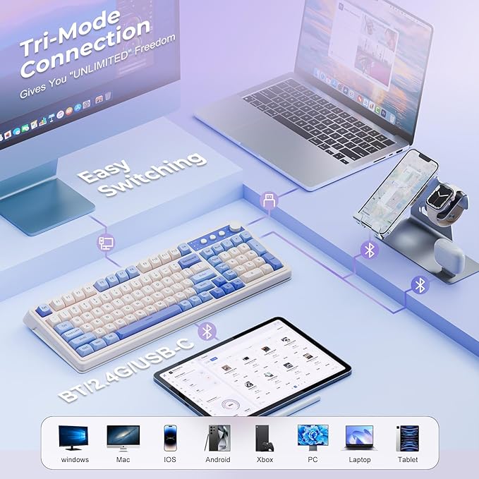 AULA S99 Wireless Keyboard, Tri-Mode Bluetooth/2.4GHz/USB-C Cute Creamy Gaming Keyboard with Number Pad RGB Backlit, Media Knob Custom Computer Keyboards for MAC Xbox PC Gamer - Gradient Purple