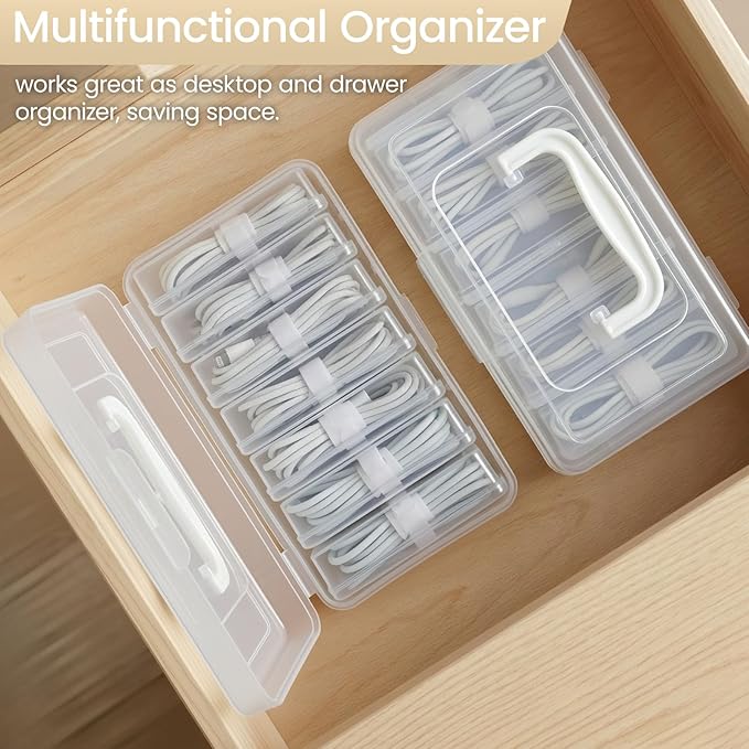 7 Case Portable Cable Storage Box with Handle and Label Stickers, Travel Cord Organizer for Charging Cables, USB Wires, Earphones – Drawer Organization for Home & Office