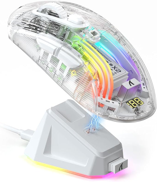 ATTACK SHARK X2 Pro Wireless Gaming Mouse with RGB Charging Dock,Tri-Mode PC Gaming Mice 2.4G/Bluetooth/Wired,Noiseless Mouse RGB Backlit,Transparent Shell,PixArt 3212 4000 DPI,for Win/MAC,White