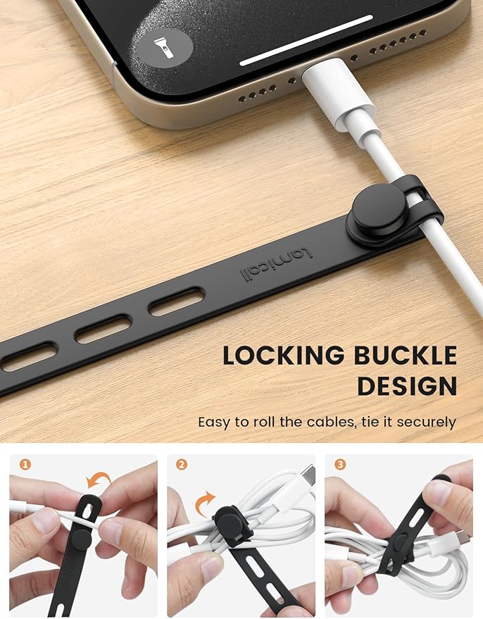 Lamicall 20Pack Silicone Cable Ties, Office Desk Organizer Accessories, Reusable Wire Ties Management with Lock Buckle, Adjustable Charger Cable Strap, Electrical Cord Keeper for Travel Essentials - Image 3