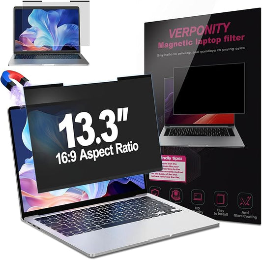 Magnetic Laptop Privacy Screen 13.3 Inch 16:9 Display, Removable Computer Screen Privacy Shield, Anti-Glare Blue Light Protector Compatible with Dell Hp Lenovo Acer Asus Samsung