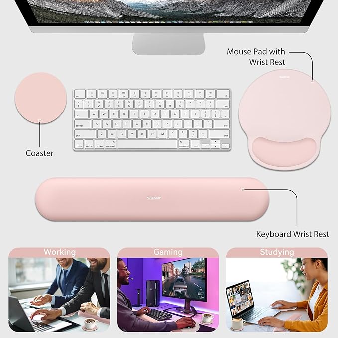Sushret Mouse Pad and Keyboard Wrist Rest, 3-in-1 Gel Memory Foam Ergonomic Mouse Pad with Wrist Rest Set, Gaming Mousepad Arm Cushion Support for Computer Office Desk Accessories Cute Setup, Pink