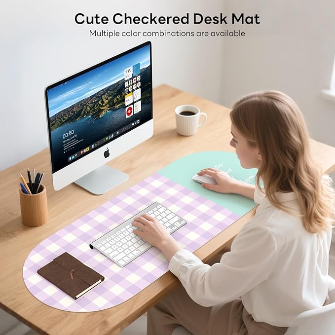 Checkered Pattern Desk Pad Protector, 35.5 x 13'' Aesthetic Mouse Mat for Desktop, Waterproof PU Leathe Non-Slip Desk Writing Pad for Office and Home, Purple and Blue