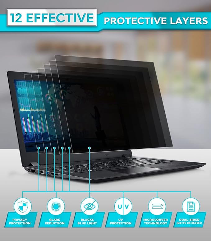 PYS Laptop Privacy Screen 16 Inch - Removable Laptop Screen Privacy Shield for 16:10 Widescreen Display - Anti Glare & Blue Light Screen Filters for Eye Protection - Black