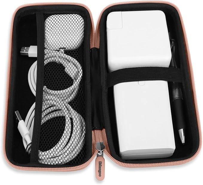 iMangoo Travel Essential Electronics Organizer Charger Case, Shockproof Dual Zipper Power Bank Cables Tech Accessories Pouch Purse, Men & Women Travel Must Have Storage Bag, 8.5x4.5x2 inch Rose Gold