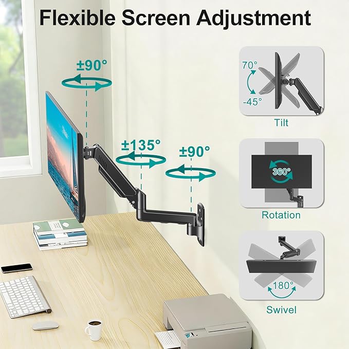 MOUNT PRO Monitor Wall Mount for 13 to 32 Inch Computer Screens, Single Monitor Mount with Tilt/Swivel/Rotation Adjustable, Gas Spring Wall Arm Holds up to 19.8lbs, Vesa Wall Mount 100x100
