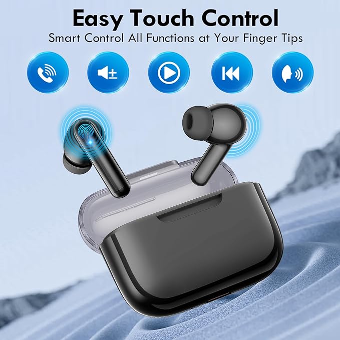 kurdene Wireless Earbuds, Bluetooth 5.3 in Ear Buds Light Weight Headphones,48 Hours Playtime Headset,Clear Calls Earphones with Mics for Sports Workout Black-Clear