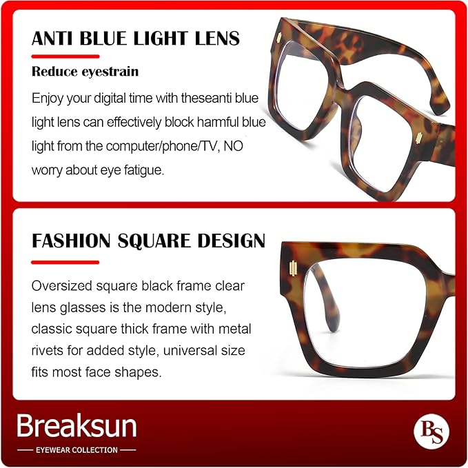 Breaksun Fashion Oversized Blue Light Blocking Glasses for Women Men Trendy Big Square Frame Computer Eyeglasses