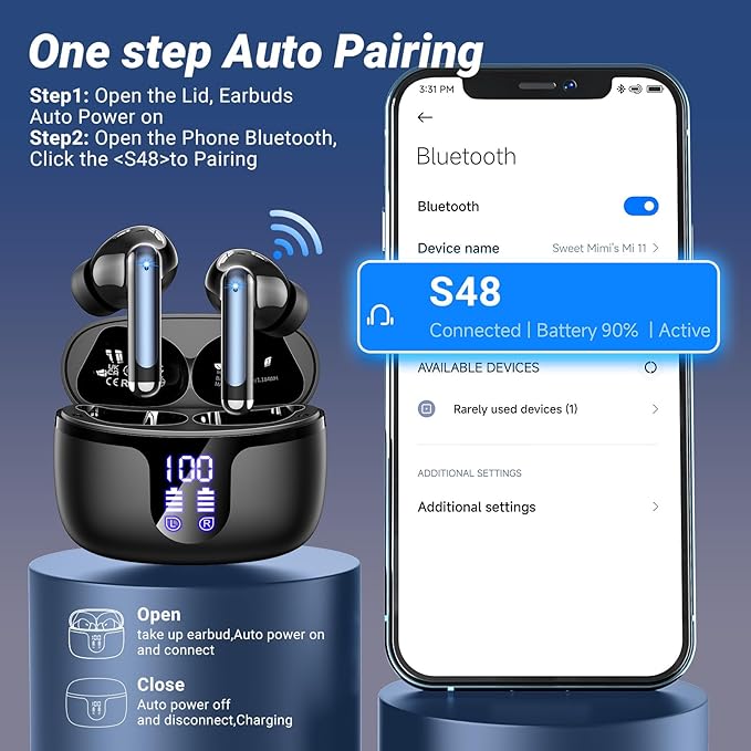 Wireless Earbuds Bluetooth 5.4 Headphones HiFi Stereo 42H Playback in Ear with 4 ENC Noise Cancelling Mic, IPX7 waterproof and LED battery display screen for Running Fitness Office Ear Buds in Black