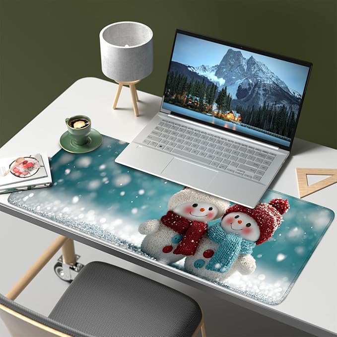 Mouse Pad, Large Anti-Slip with Stitched Edges Desk Mat Desktop Laptop Computer Desk Keyboard Mat,Table Protector Blotter Mat (Two Snowman, 31.5" x 11.8")