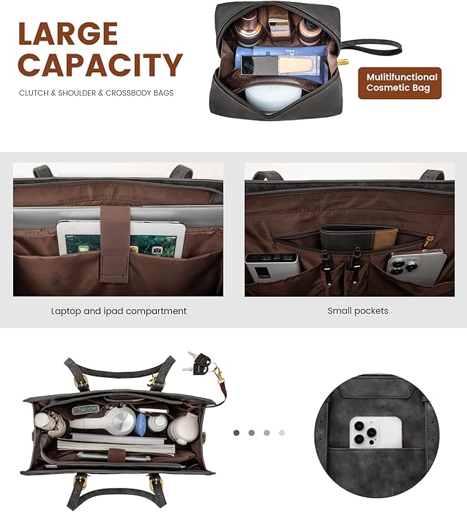 LOVEVOOK Work Tote Bag for Women,17.3 inch Vintage Laptop Tote Large Capacity Leather Computer Bag with Clutch Purse for Teacher,Office,Casual