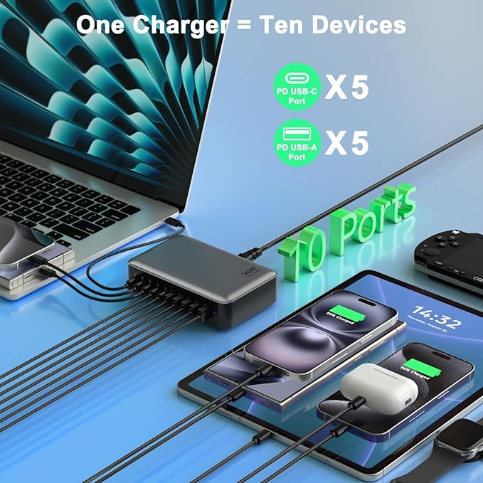 540W USB C Charger Block, 10 Port (5USBC+5UBSA) GaN III Fast Charging Station Hub, PD 100W and PD 65W Laptop Charger Adapter Compatible with MacBook Pro/Air, Lenovo, Dell, iPad, iPhone, Samsung