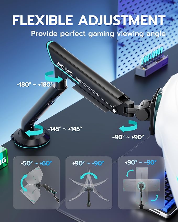 ARES WING Single Monitor Mount, Heavy-Duty Gaming Monitor Arm fits for 24"-57" Ultrawide Screen, Adjustable Computer Monitor Stand Holds Up to 60LBS with VESA Mount, Clamp & Grommet, Black