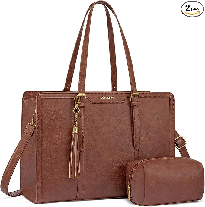 LOVEVOOK Laptop Tote Bag for Women,15.6 Inch Vintage Work Bag with Clutch,Large Leather Laptop Purse with Cup Holder for Teacher,Office
