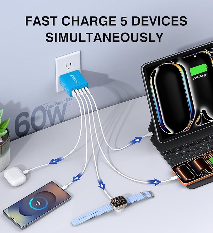 [60W/2Pack] Wall Charger, USB C Charger Block, 5-Port PD + QC 3.0 Fast Charging Power Plug Adapter Brick for Watch Series 10 9 8 7, for iPhone 17 16 15 14 13 Pro Max Airpod, Samsung Galaxy S25(Blue)