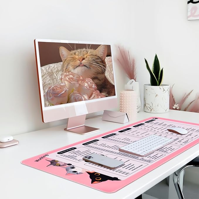 Excel Cheat Sheet Desk Pad, Cute Cat Pink Mouse Pad Non-Slip, 31.5" x 11.8" Large Shortcuts Mouse Pads, XL Gaming Keyboard Mat Office Pink Desk Accessories for Women