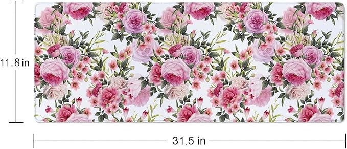 Floral Pattern with Roses Desk Mat Pink Large Extended Mouse Pad XL Desk Pad Gaming Mousepad Keyboard Mouse Mat for Computer Laptop 31.5''X11.8'' Non-Slip Rubber Base with Stitched Edges