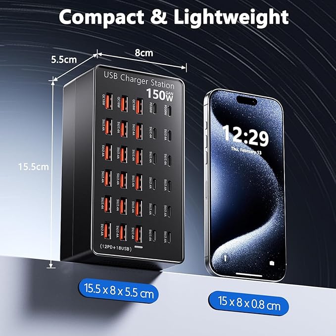 USB Charging Station 30 Port, 150W Multiple USBC Charging Block(18 USB A+12 Type C Port) Desktop Charger Hub for Multiple Devices Compatible with iPhone/iPad/Smartphones/Tables/and More Devices