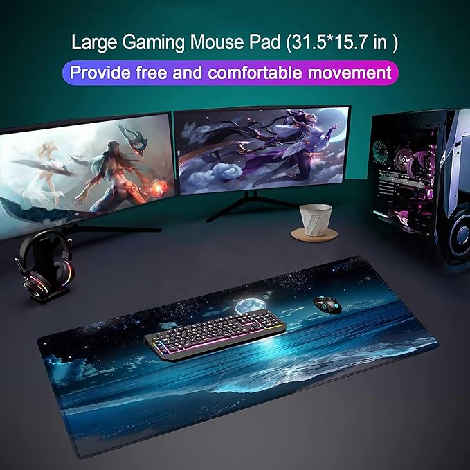 Moon Illuminating The Clear Blue Ocean Design Large Mouse pad,Large Extended Gaming Mouse Pad with Stitched Edges,Non-Slip Natural Rubber Base,Waterproof Computer Mouse Pad Keyboard Mat