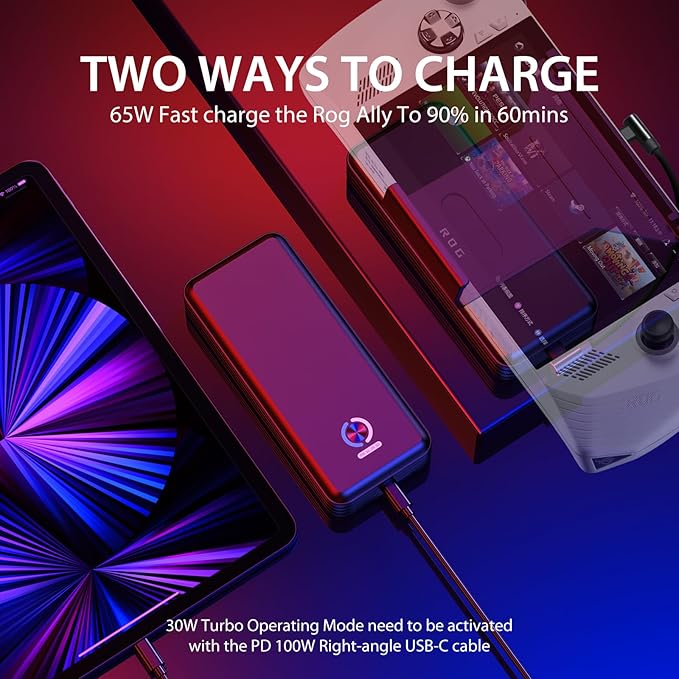 SiWiQU 20000mAh Magnetic Power Bank for ROG Ally, 65W Fast Charging Portable Battery Bank, External Battery Pack with Detechable Magnetic Back & Dual USB Cable, Support 30W Turbo Operating Mode.