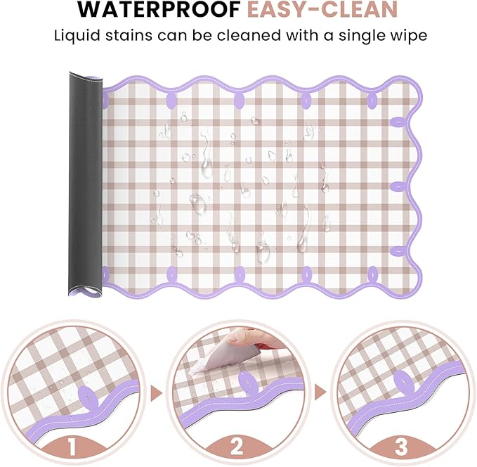 Leather Desk Pad, Desk Mat Mouse Pad, Non-Slip Mousepad Waterproof PU Table Blotter for Computer Laptop Extra Large Keyboard Mat for Women Girl Office Home Dorm, Purple Scalloped + Apricot Checkered