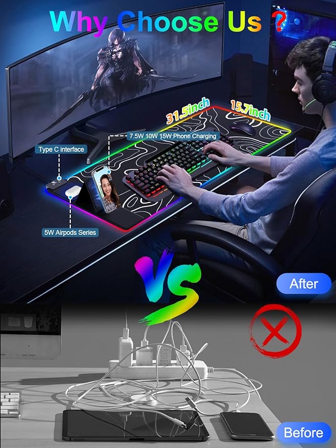 XXL Mouse Pad with Foldable Phone Holder - Black, RGB Desk Mat with 15W Fast Charging, LED Gaming Mousepad with 11 Light Colors, Waterproof Non-Slip Pad (Stand-XXL RGB Topographic)