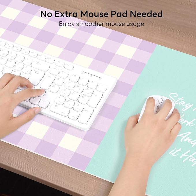 Checkered Pattern Desk Pad Protector, 35.5 x 13'' Aesthetic Mouse Mat for Desktop, Waterproof PU Leathe Non-Slip Desk Writing Pad for Office and Home, Purple and Blue