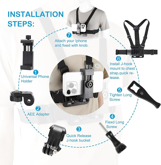 PellKing Mobile Phone Chest Strap Harness Mount Head Strap Holder Kit for POV/VLOG,Cell Phone Clip Compatible with iPhone,Samsung,GoPro Hero 9, 8,7, 6, 5, 4, 3,2, 1,AKASO,DJI Osmo,and Action Cameras… - Image 6