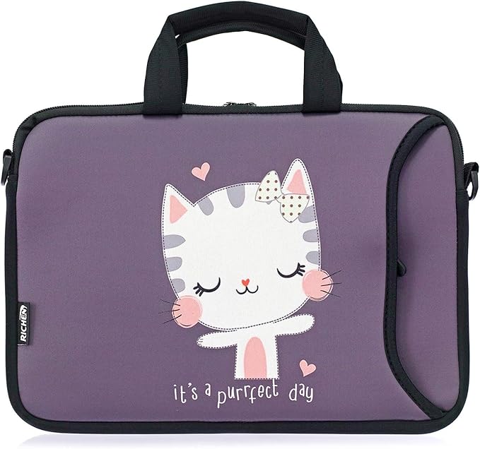 RICHEN 14 15 15.4 15.6 inch Laptop Shoulder Bag Notebook Handle Sleeve Neoprene Soft Carrying Travel Case with Accessories Pocket (14-15.6 inch, Cute Cat)
