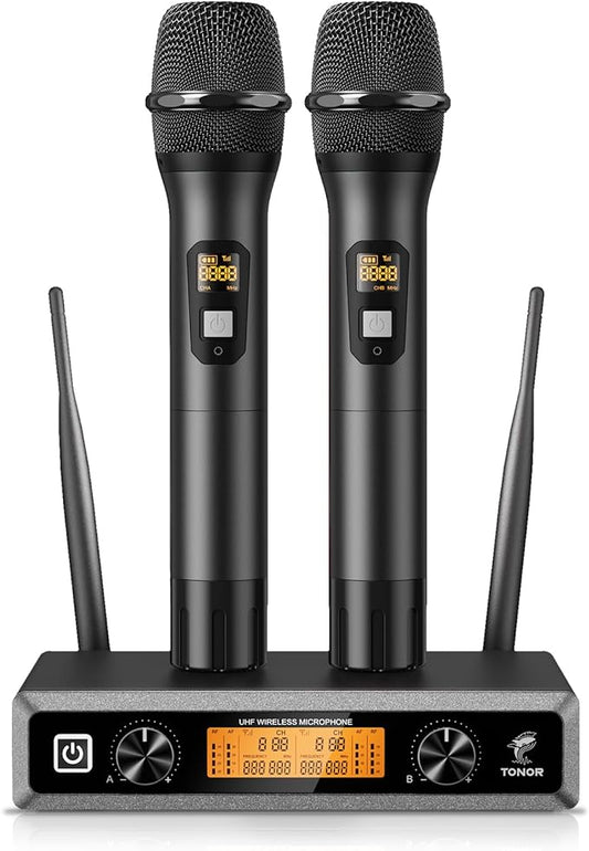 TONOR Wireless Microphones System, 2 * 15 Channel Metal Professional UHF Cordless Dynamic Handheld Mics with Receiver for Home Karaoke, Meeting, Party, Church, DJ, Wedding, KTV, 200ft, TW-820 Black