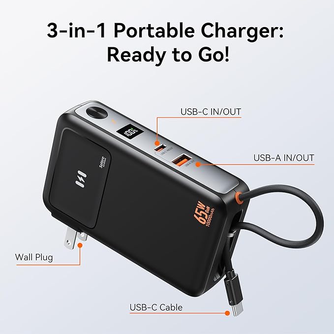 Selore&S-Global 3-in-1 Portable Phone Charger with Wall Plug, 10000mAh USB-C Power Bank with Built in Cable, 35W Portable Battery Pack for iPhone Samsung Android & 65W Wall Charger for Laptop MacBook