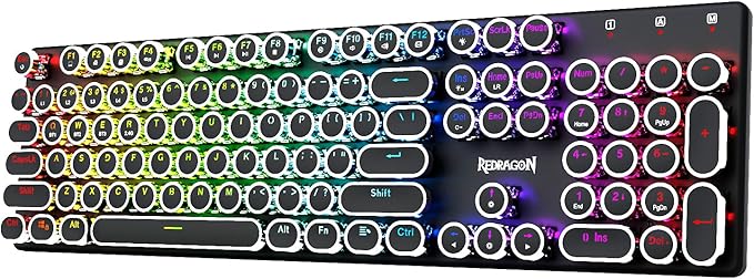Redragon Typewriter Keyboard Wireless, Mechanical Gaming Keyboard, Bluetooth/2.4Ghz/Wired, RGB LED Backlit, Rechargeable, Blue Switch - Clicky, Solid Metal Panel, Round Keycaps, Black