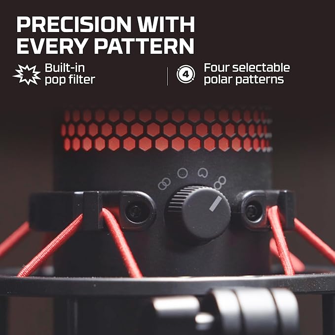 HyperX QuadCast - USB Condenser Gaming Microphone, for PC, PS4, PS5 and Mac, Anti-Vibration Shock Mount, Four Polar Patterns, Pop Filter, Gain Control, Podcasts, Twitch, YouTube, Discord, Red LED